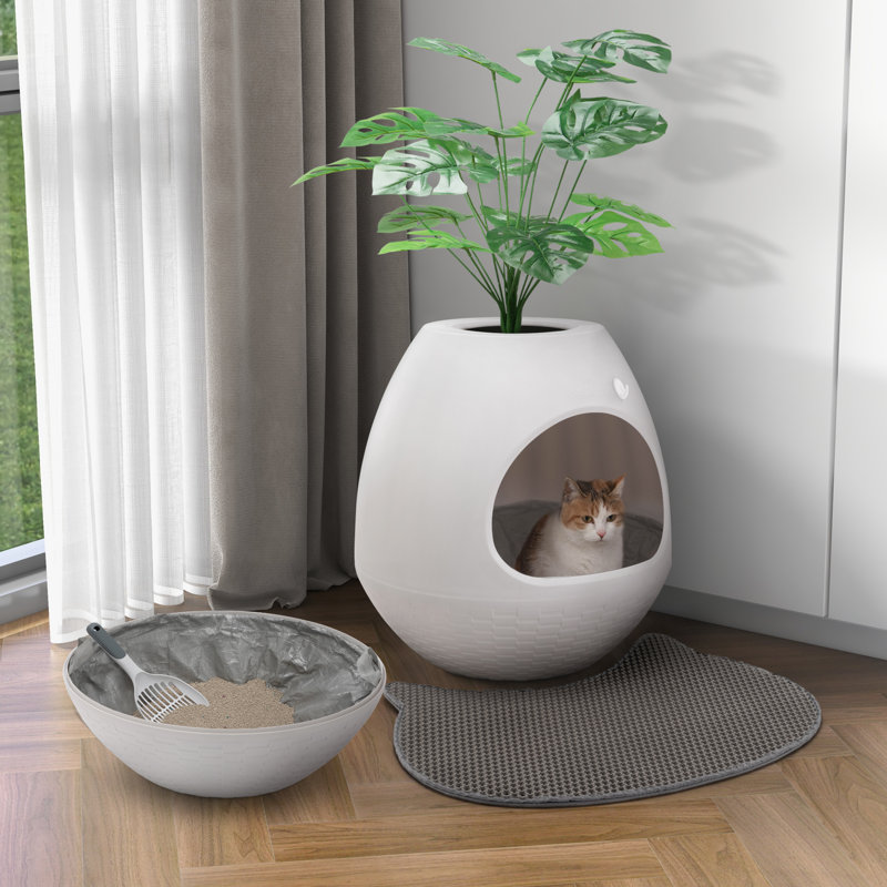 Hidden Plant Cat Litter Box Enclosure with Replacement Cat Litter Pad Bags and Scoop Tucker Murphy Pet Color Gray